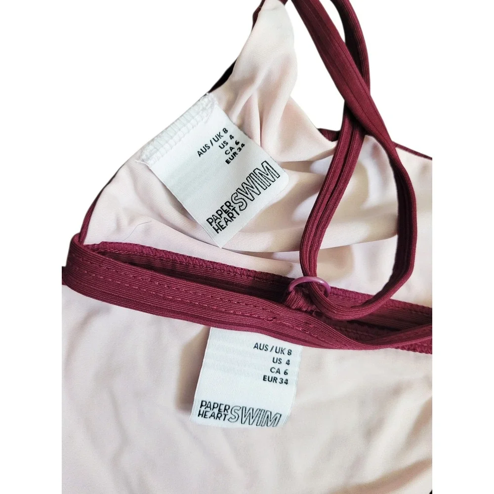 Paper Heart Swim Burgundy Ribbed Bikini‎ Set Two Piece Bralette Side Tie US 4